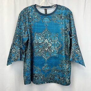 Just Fashion Now Womens Casual Top Blue Abstract 3/4 Sleeve T-shirt Flare S New